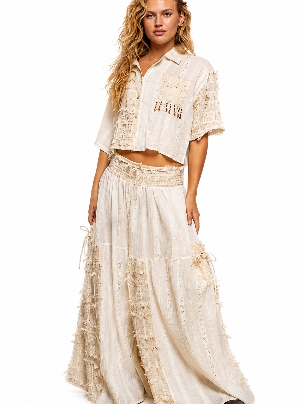 POL Clothing Sandy Patchwork Boho 2-Pc Set - Cropped Top & Wide Leg Trousers L